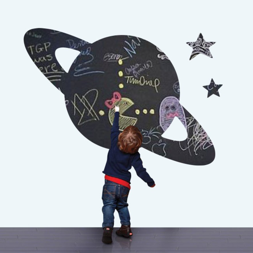 Vinilos pizarra negra planeta saturno y estrellas